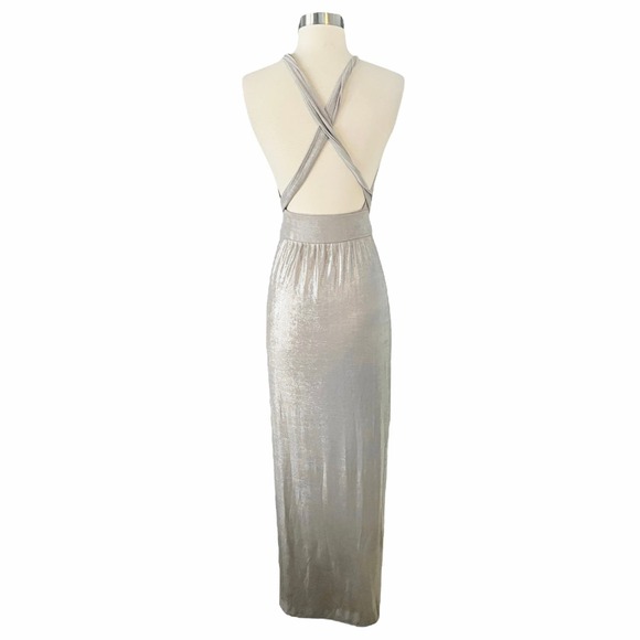 T. ZOVICH Maxi Dress Slinky Metallic Silver Multiway Halter Open Back Slits S/M - Picture 8 of 10